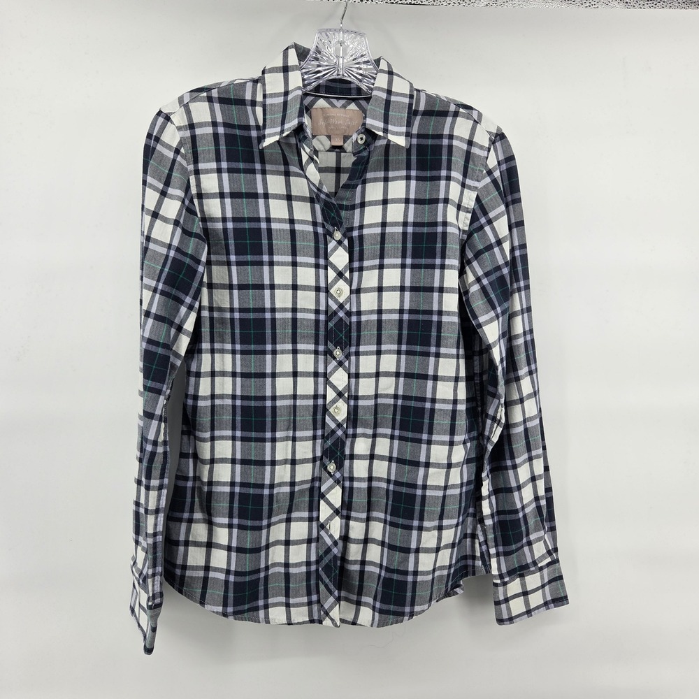 Banana Republic Soft Wash Shirt XS Navy Blue White Plaid Cotton Preppy‎ Classic
